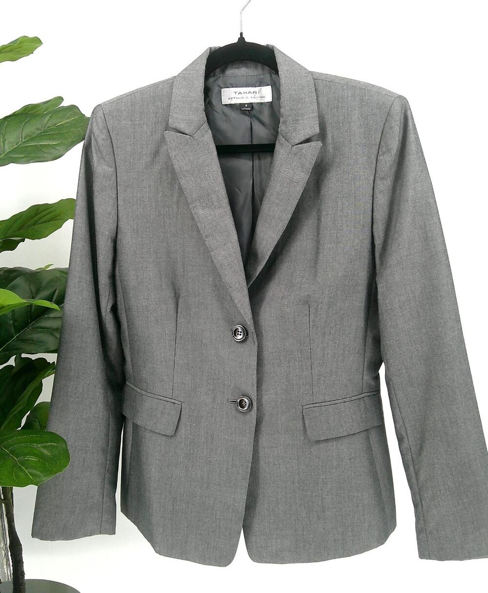 Tahari Arthur S. Levine Womens Size 8 Gray Single Breasted Two Button Blazer